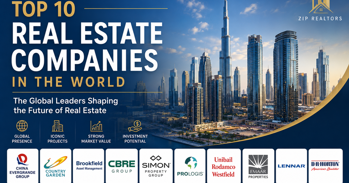 Modern skyline featuring iconic skyscrapers representing the top 10 real estate companies in the world, including global property developers and commercial real estate leaders.